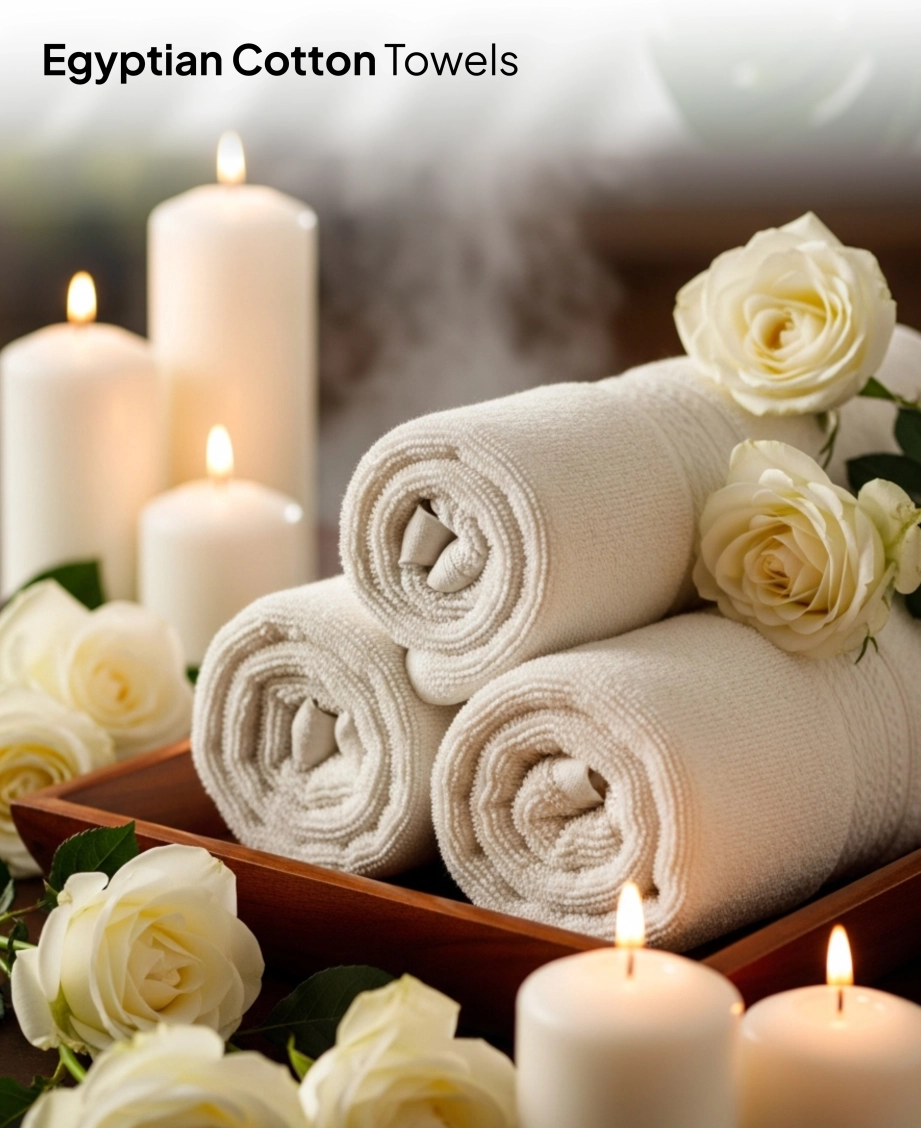 Rolled towels with candles roses
